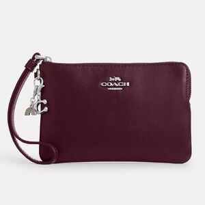 Coach Boxed Corner Zip Wristlet & 2 Charms in Dark Wine Shiny Smooth Leather NWT